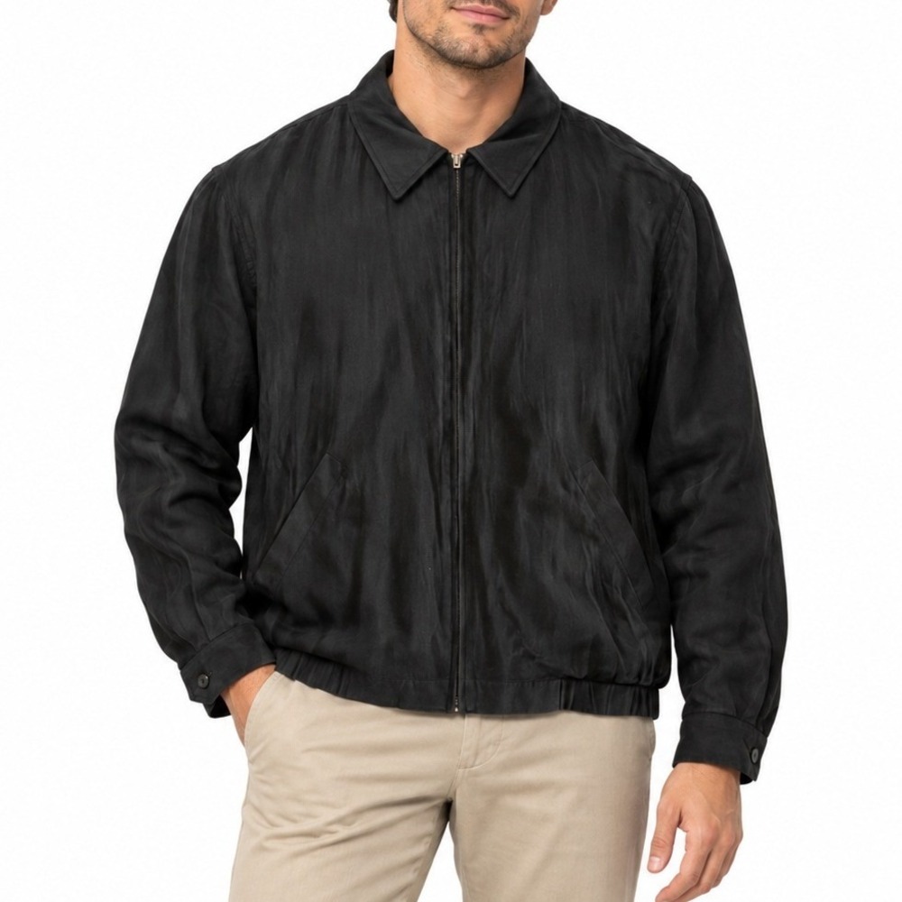 Perry Ellis Jacket Mens L Black Silk Blend Bomber Full Zip Lightweight Luxe